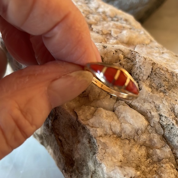 Vintage Zuni Native American Gold Red Coral Ring - Picture 8 of 10